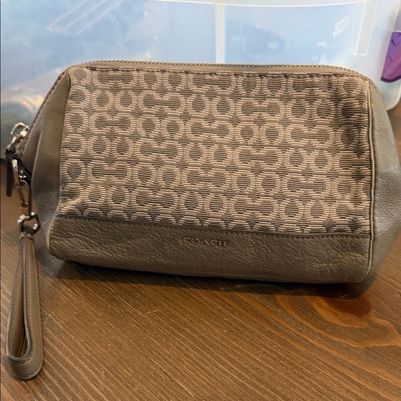 Coach Handbags - COACH Taupe Signature Canvas Wristlet with Leather Trim